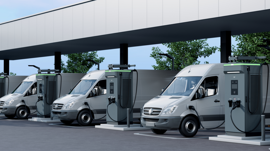 a fleet of electric vehicles charging at an ev charging station