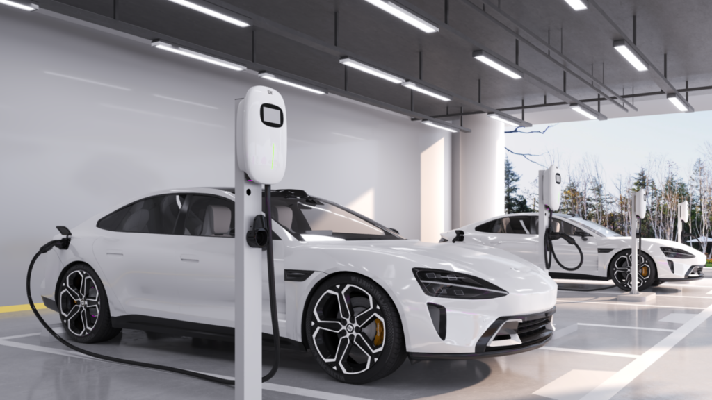electric cars being charged in an ev parking lot
