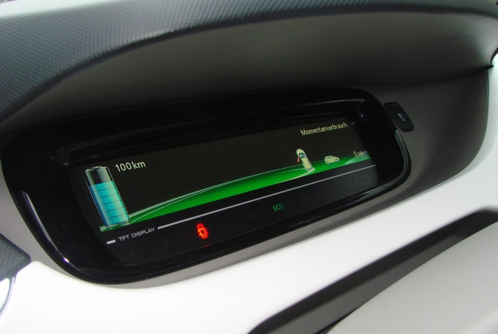 electric car dashboard display showing the battery status
