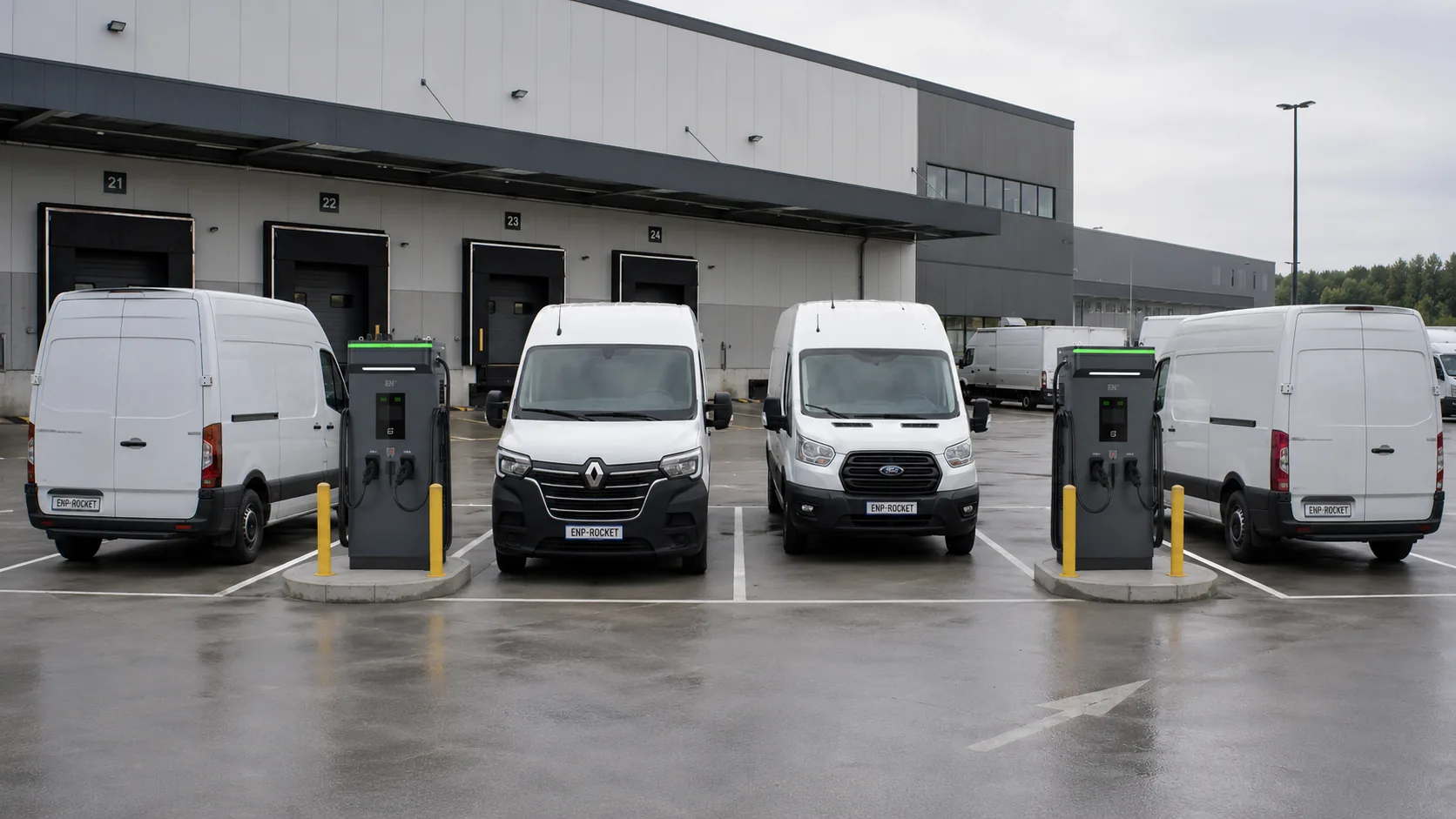 Rocket DC chargers installed at a fleet depot and logistics warehouse