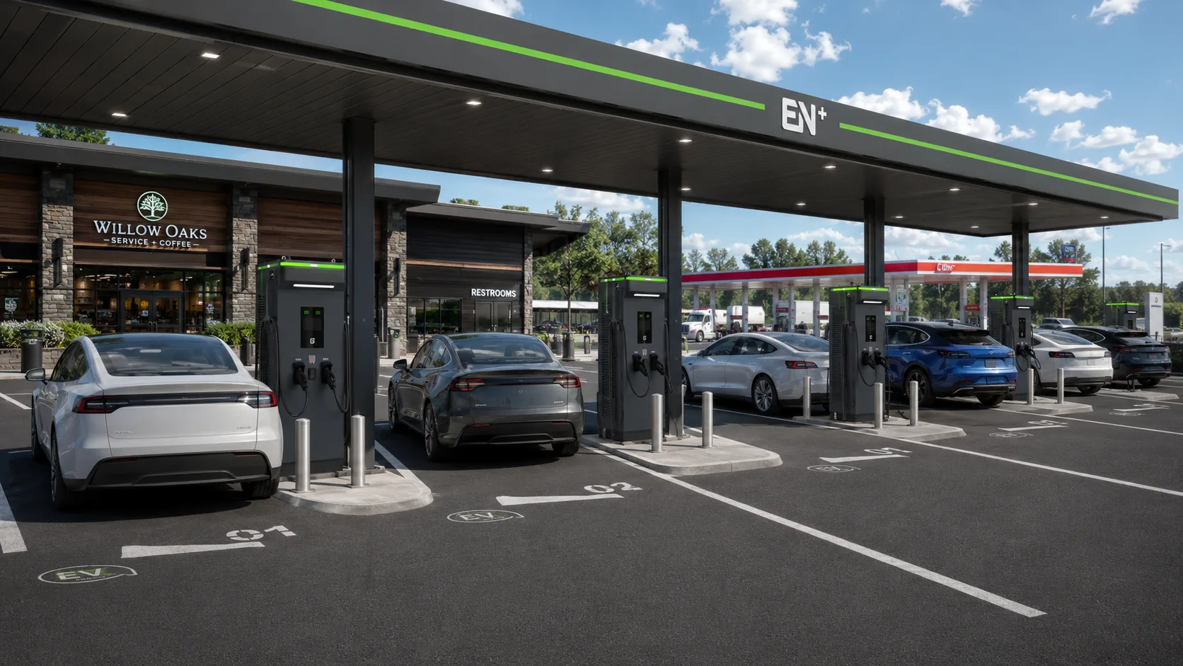 Rocket high-power DC charging hub with multiple chargers under a canopy