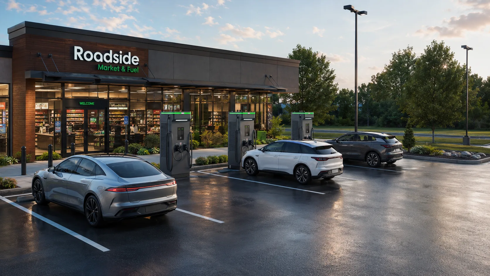 Rocket DC chargers at a roadside retail charging location