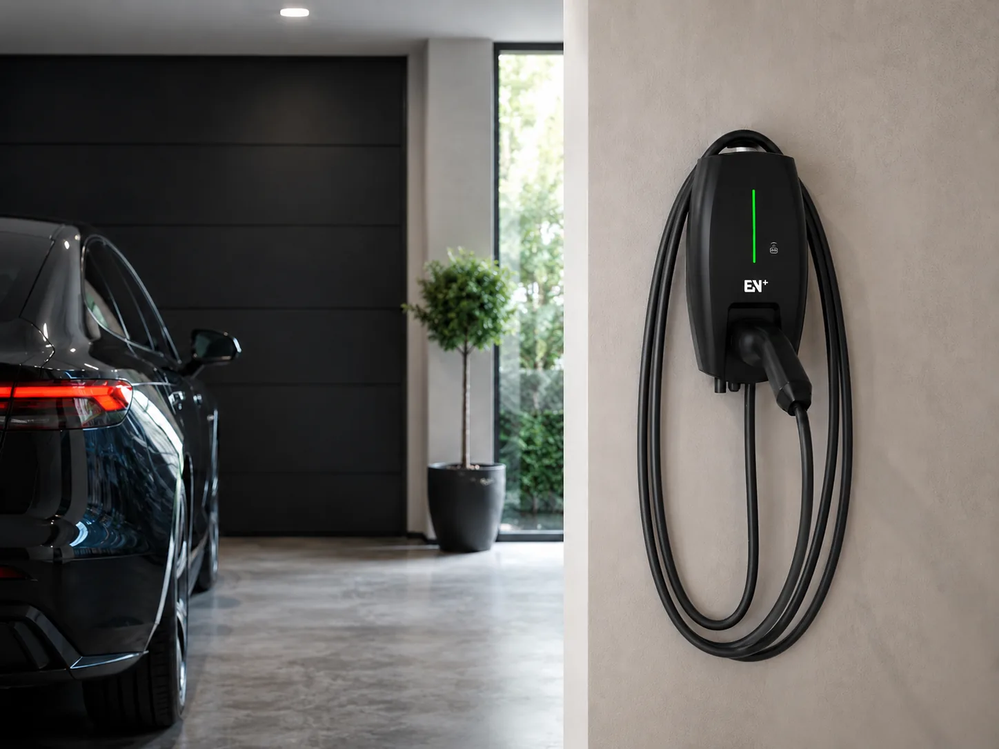 Alvis home wallbox installed beside a private residential parking bay with the cable stored in standby position
