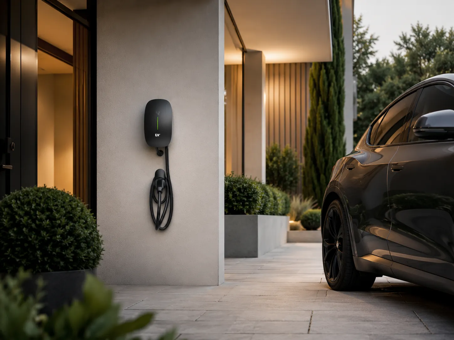 Caro Pro installed at a private home parking position with the Type 2 cable stored neatly when not in use