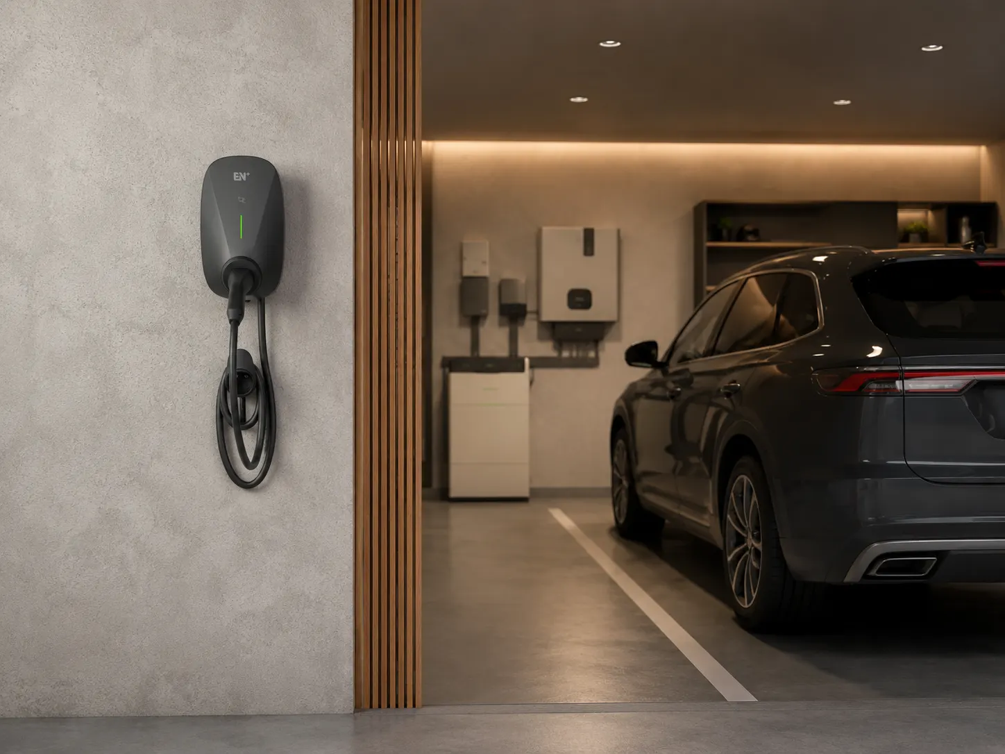 Saro cable-version wallbox stored in standby position within a residential solar energy garage setting