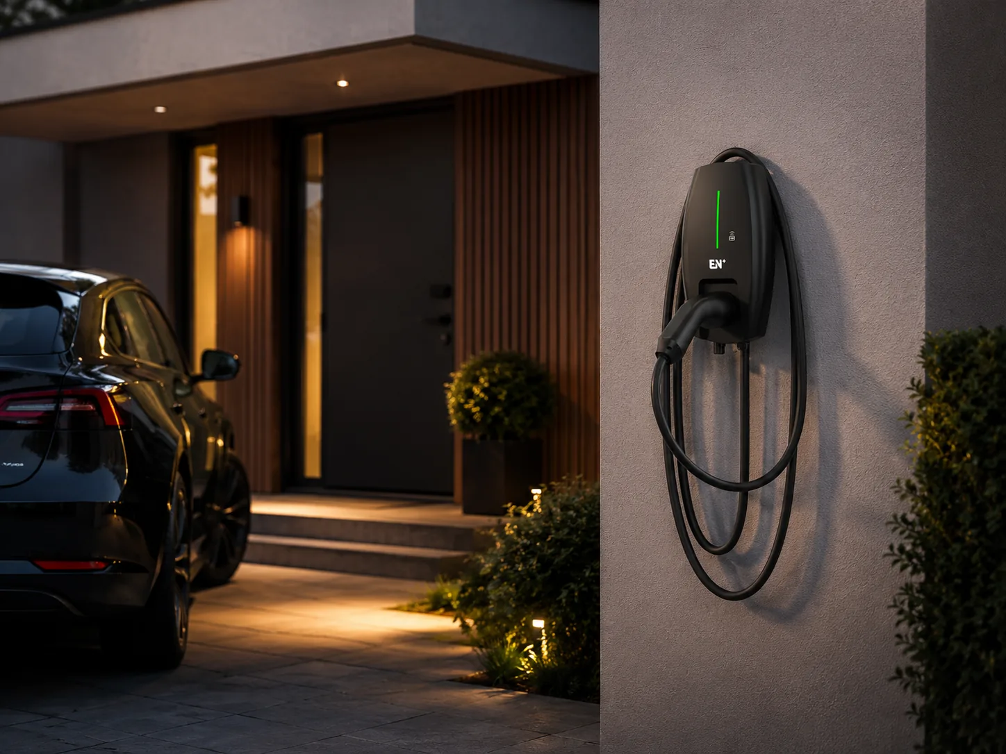 Alvis wallbox installed at a modern residential exterior parking position in standby condition