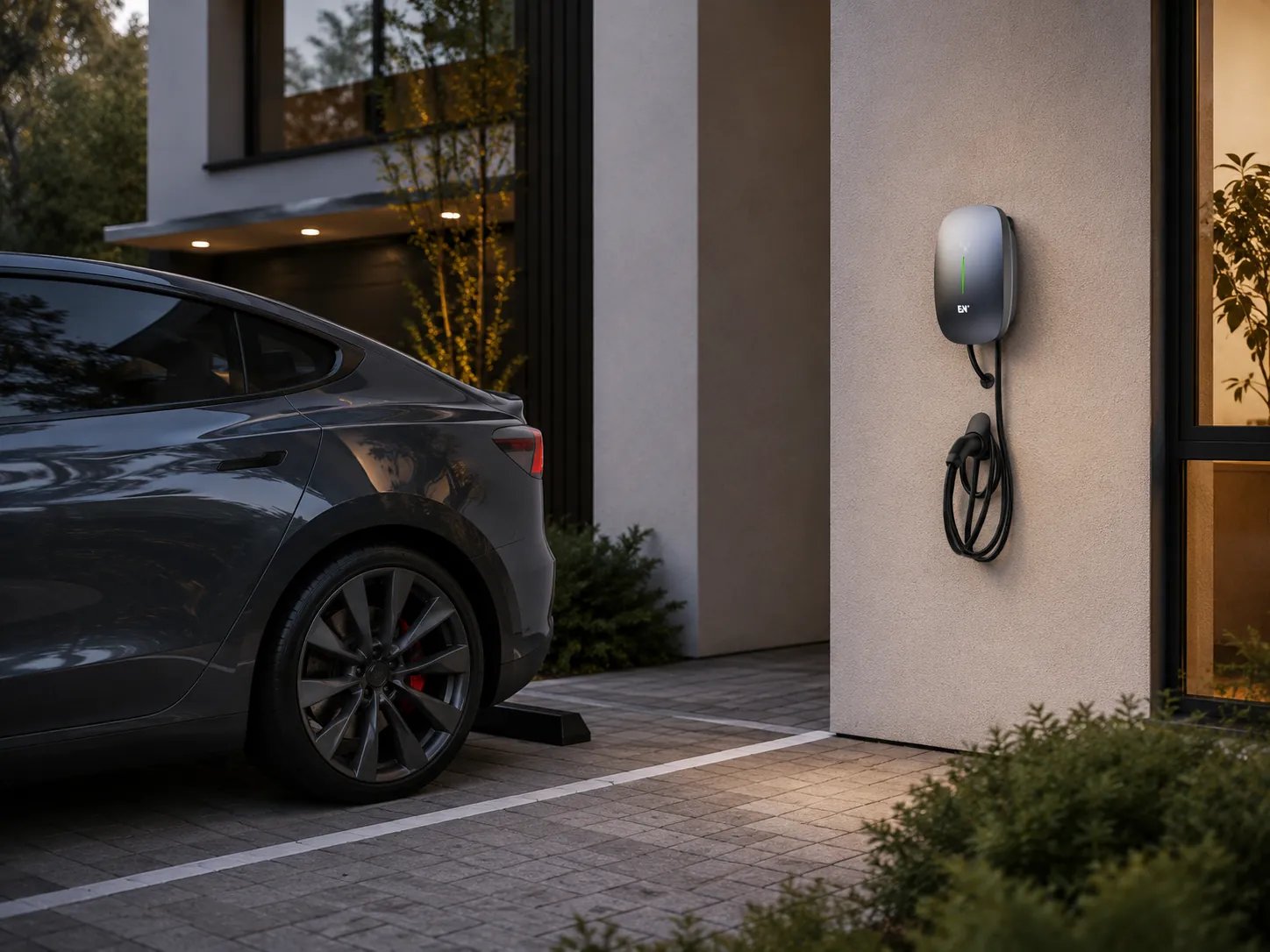 Caro Pro wall-mounted beside one dedicated private parking bay with the charging cable stored in standby position