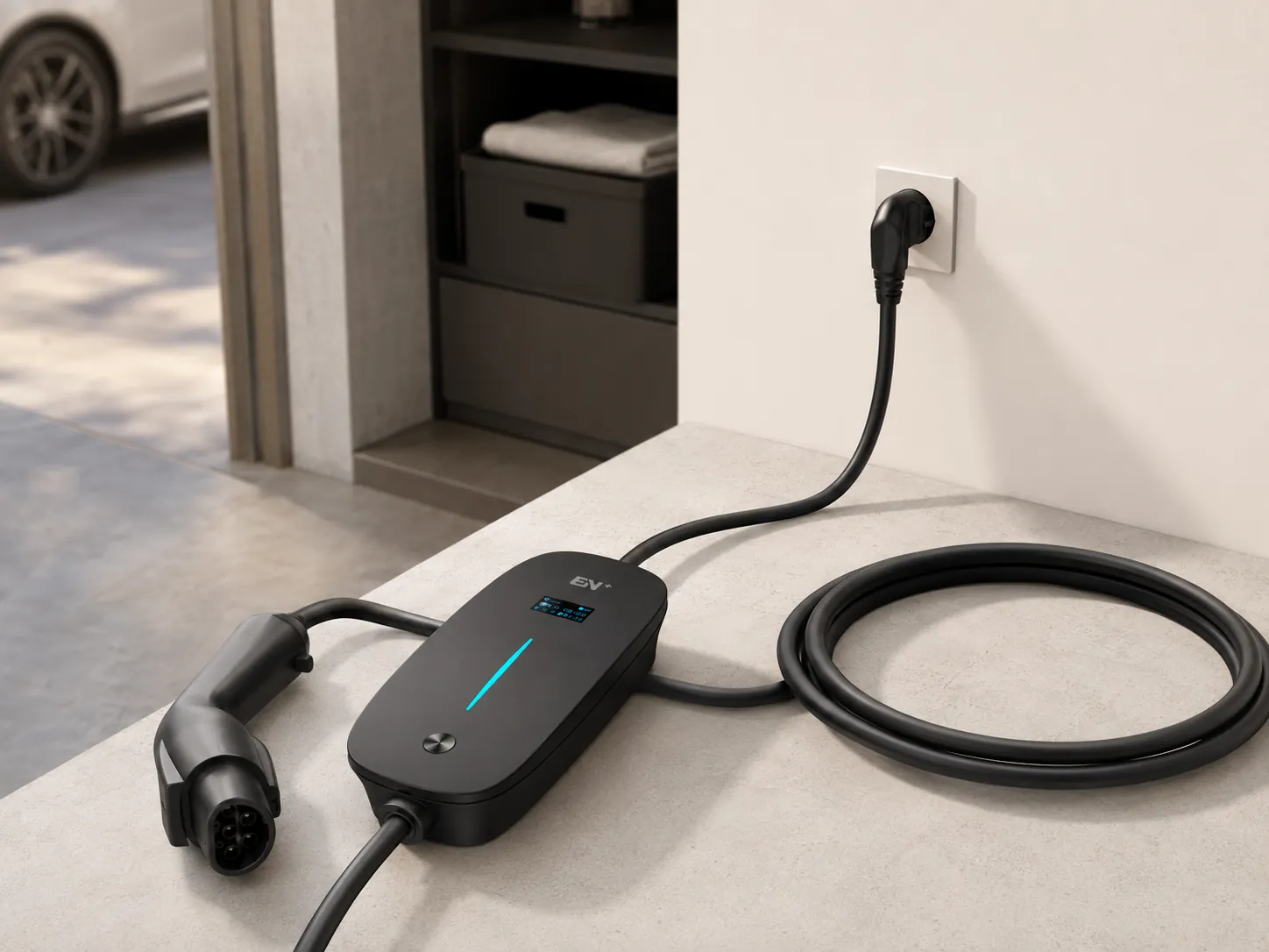 Memo portable EV charger prepared for plug-to-charge use in standby condition