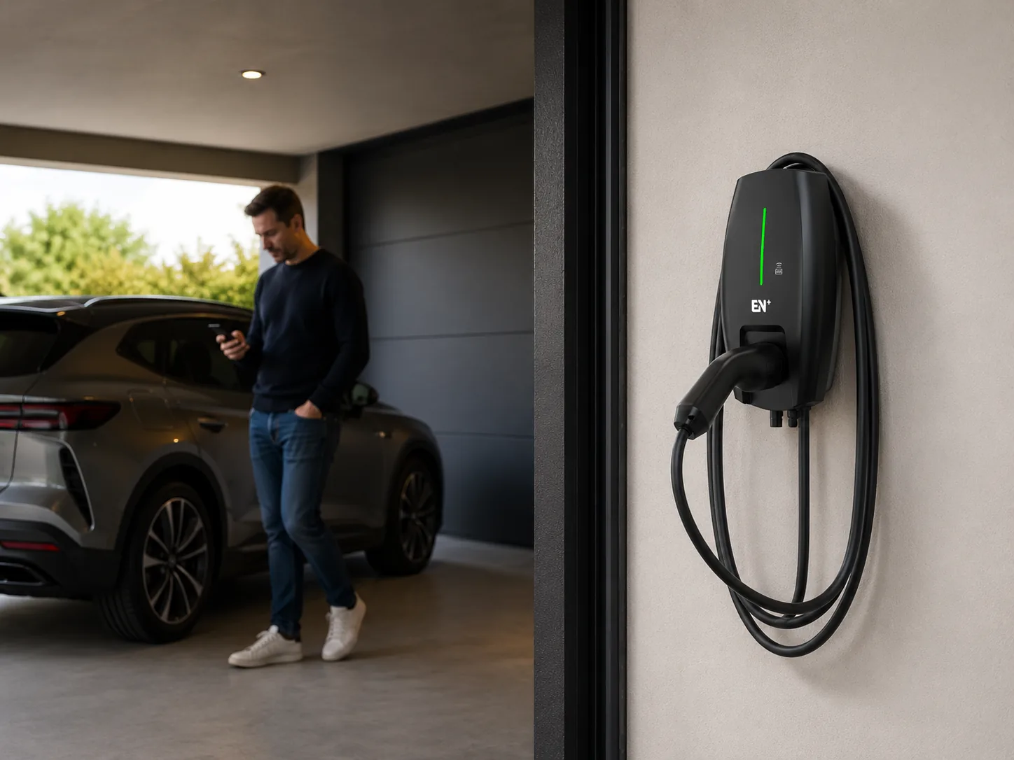 Alvis connected home wallbox in standby condition with mobile phone operation in a residential setting