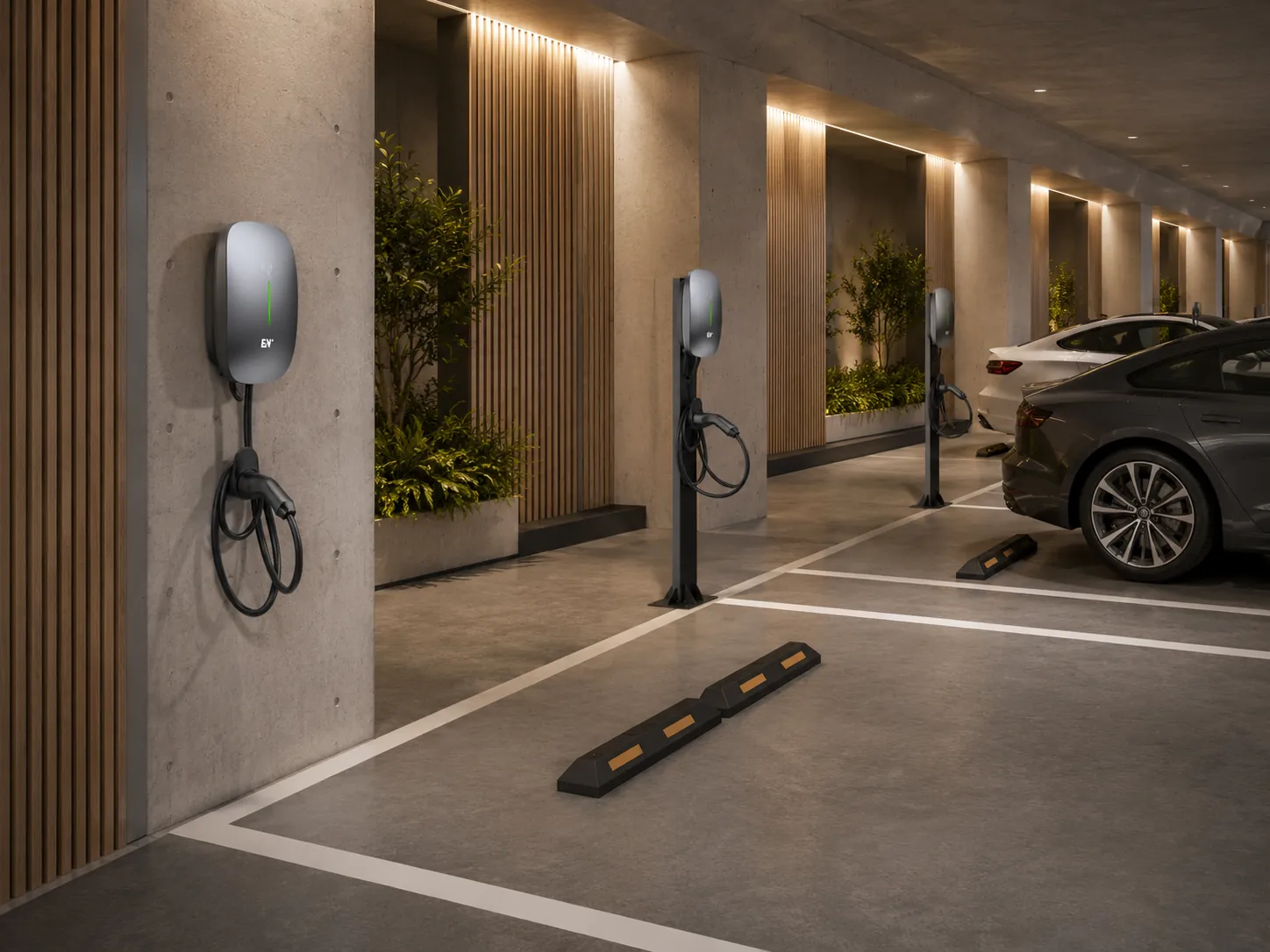 Caro Pro charging points arranged for multiple assigned private parking bays with one charger serving each bay