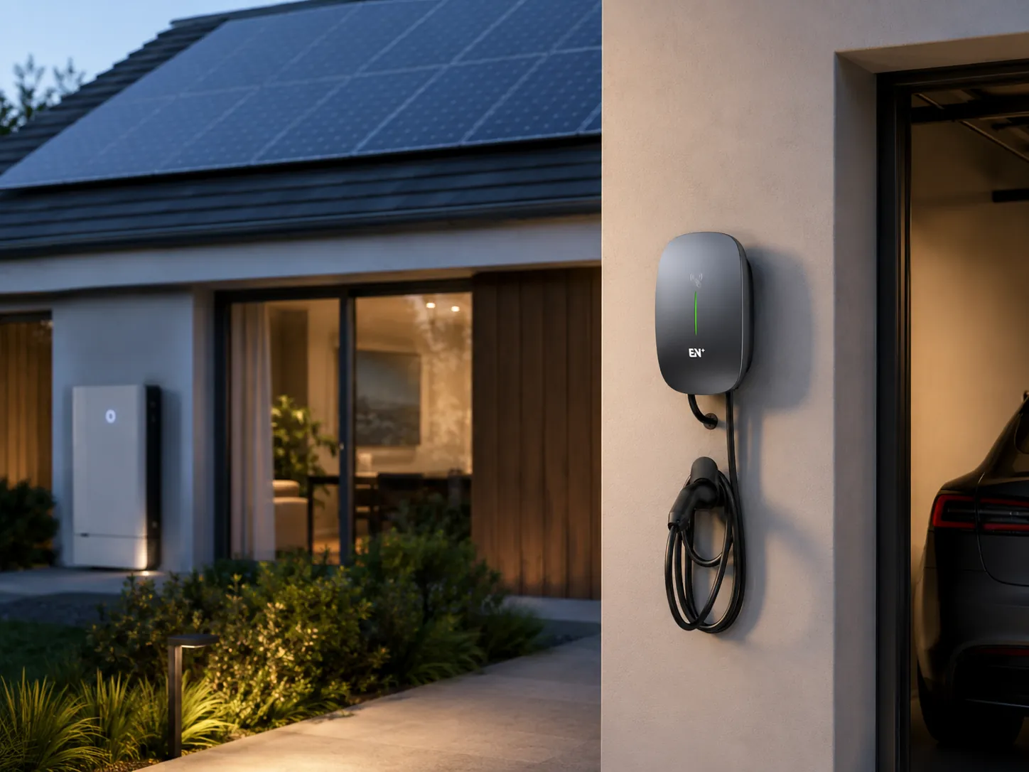 Caro Pro installed beside a solar-equipped home with the charging cable stored in standby position