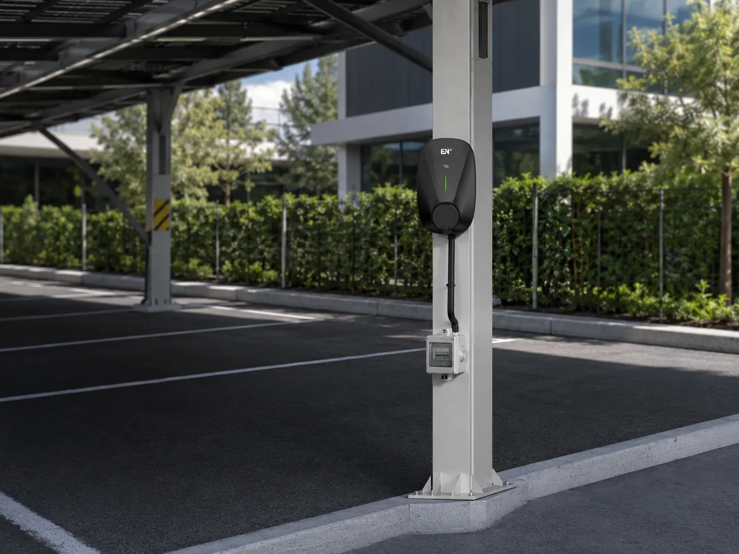 Saro socket-version wallbox on a pole-mounted configuration with external metering provision in private parking
