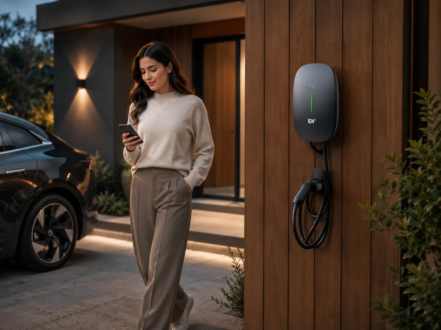Caro Pro in standby condition beside a resident using a mobile phone for connected charger operation