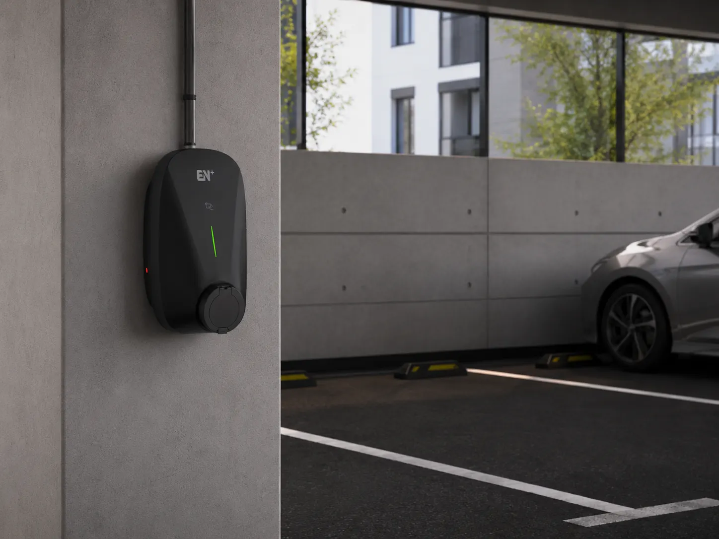 Saro socket-version wallbox in standby state within privately operated shared parking